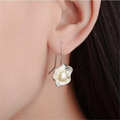 925 Sterling Silver Lotus Pearl Dangle Earrings Women Jewelry
