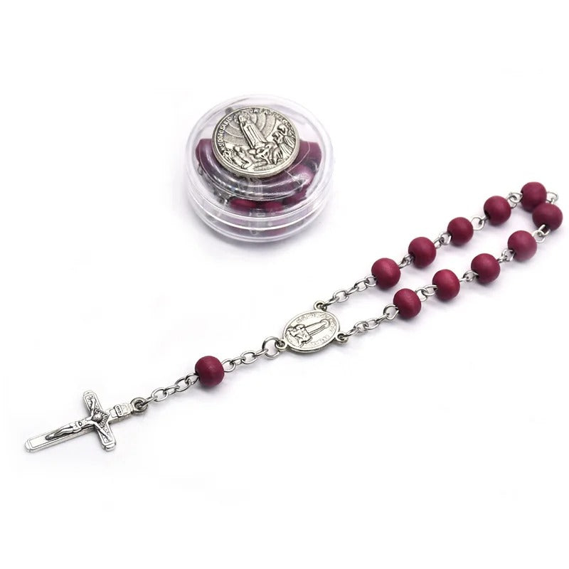 Red Wood Rosary Bracelets With Box Alloy Cross Catholic Jewelry