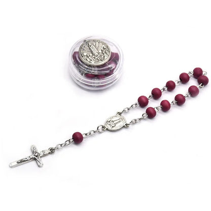 Red Wood Rosary Bracelets With Box Alloy Cross Catholic Jewelry
