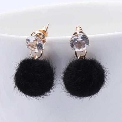 Boho Small Fluffy Ball Earrings Women’s Crystal Dangle Jewelry