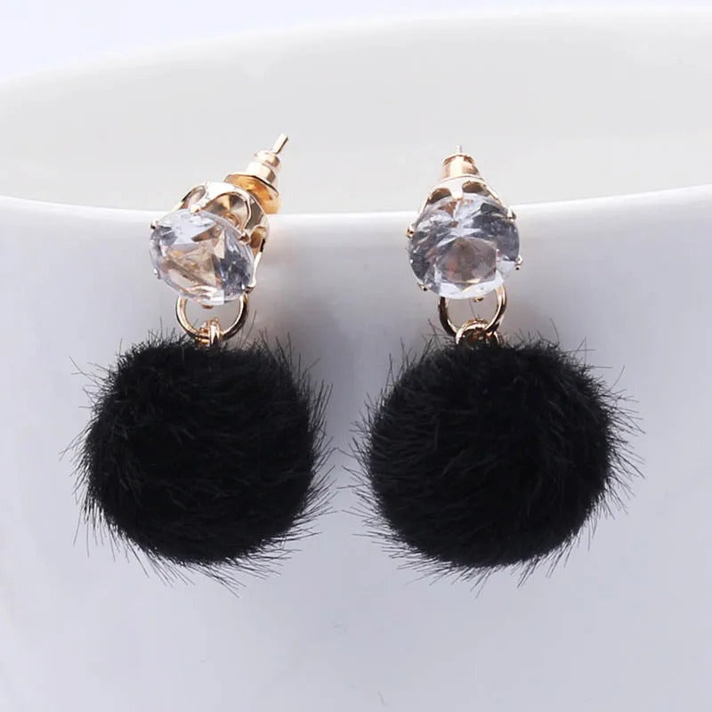 New Artificial Hair Dangle Earrings for Women Crystal Top Short Small Fluffy Ball Earrings Boho Fashion Jewelry