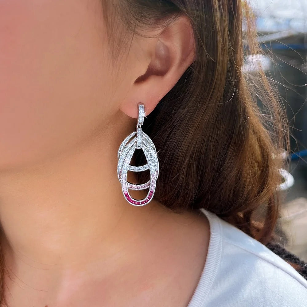 Pink Red CZ Multilayer Circle Drop Earrings for Women
