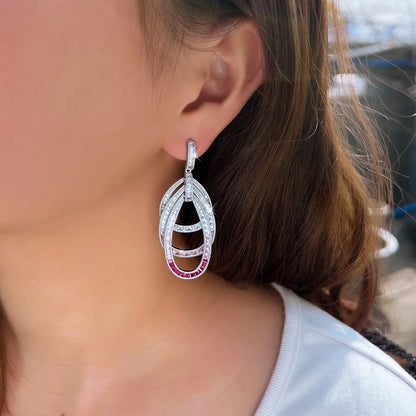 Pink Red CZ Multilayer Circle Drop Earrings for Women