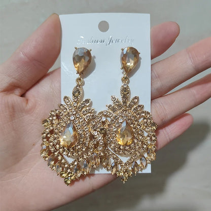 Vintage Statement Jewelry Wedding Long Green Emerald Crystal Rhinestone Chandelier Dangle Drop Earrings for Women