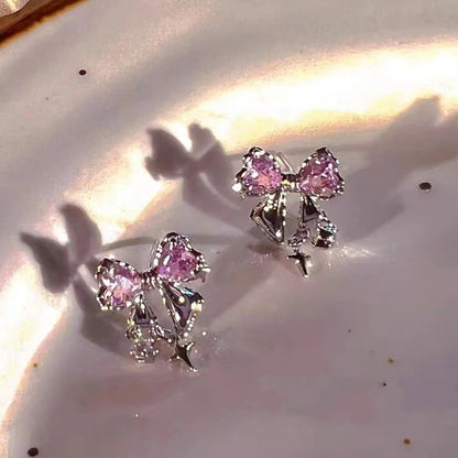 New Zircon Stud Earrings for Women Fashion Korean Silver Color Pink Crystal Personality Earring Party Jewelry Gift