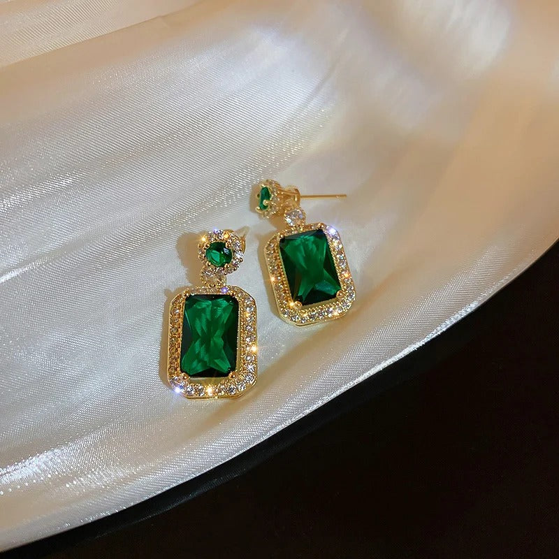 Green Square Crystal Dangle Earrings Women Korean Fashion Jewelry