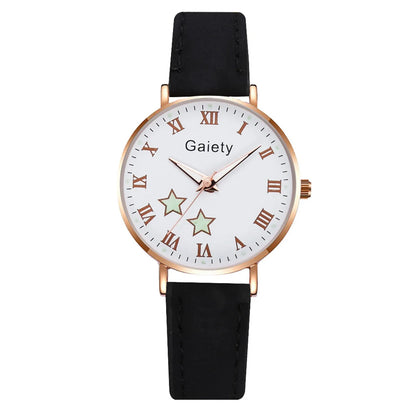 Ladies Quartz Watch with Leather Strap Star Pattern Dial