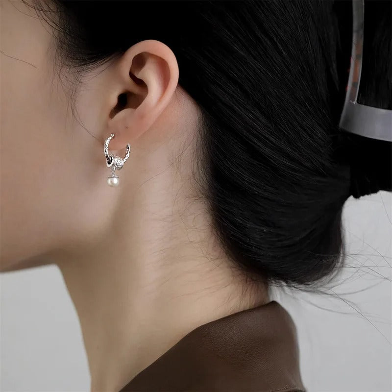 Silver Drop Earrings Hoop Pearl Leaf Vintage Irregular For Women Girl Gift Fashion Jewelry