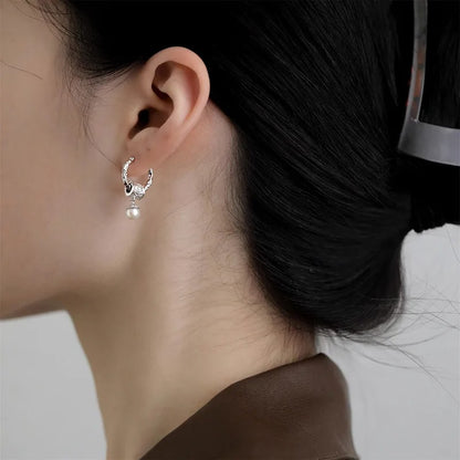 Silver Drop Earrings Hoop Pearl Leaf Vintage Irregular For Women Girl Gift Fashion Jewelry