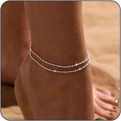 Waterproof Layered Beaded Anklet Bracelet Gold & Silver