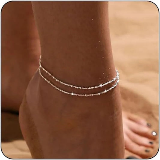 14K Gold & Silver Plated Waterproof Layered Beaded Anklet Bracelet for Women Girls Summer Jewelry Gift