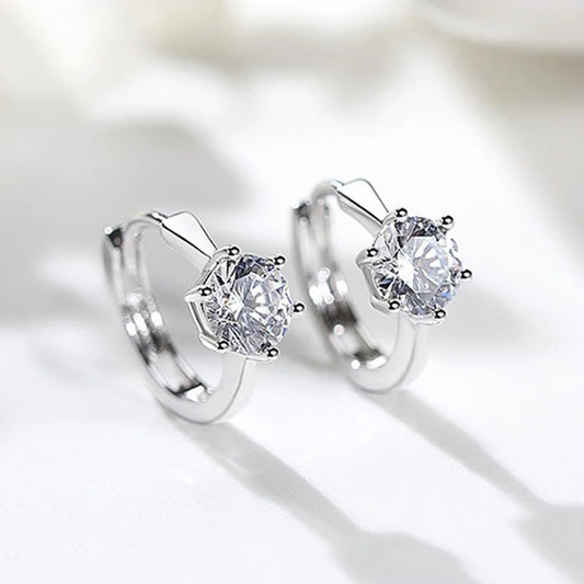 Huitan Simple Small Hoop Earring Inlaid Classic 6 Prong Solitaire Shiny Zircon Elegant Accessories Daily Wearable Women Earrings