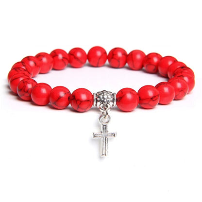Men’s Trendy Silver Bead Bracelet with Cross Pendant & Natural Stone