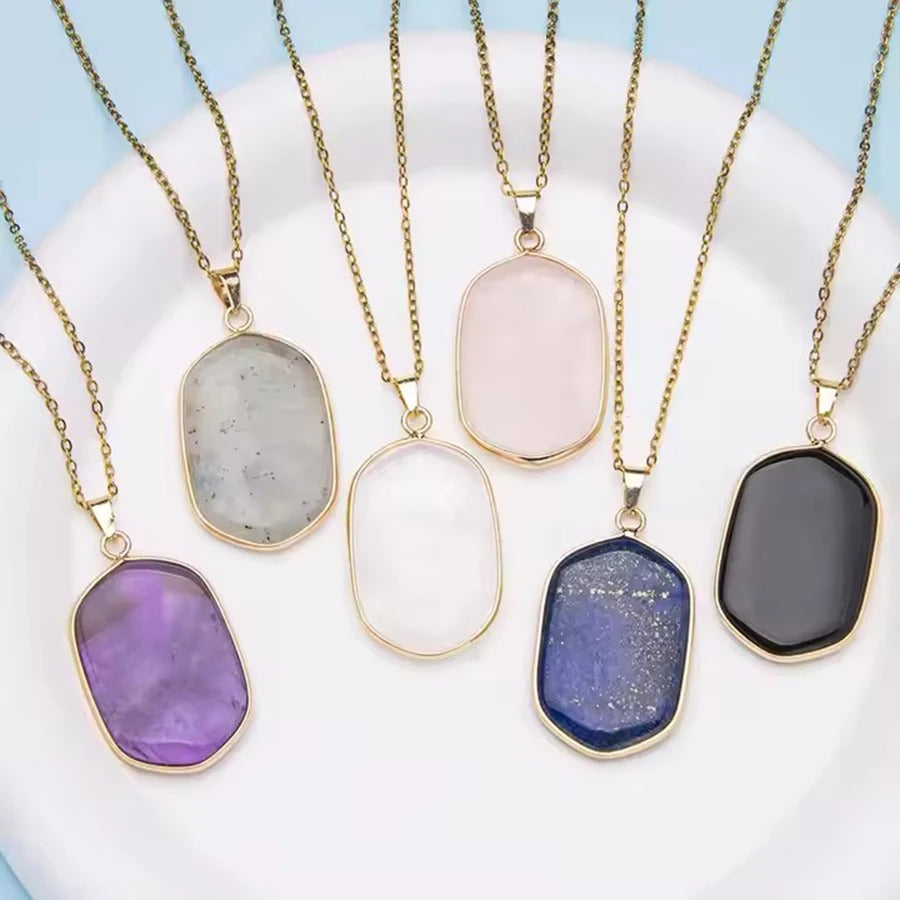 Natural Crystal Stone rose quartz amethyst geometric figure agate Pendant Necklace Stainless Steel gold Chain Gemstone Jewelry