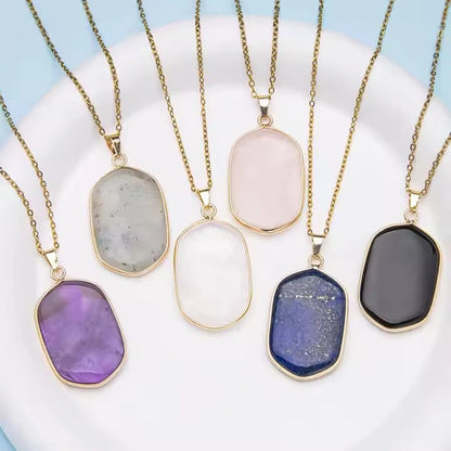 Natural Crystal Stone rose quartz amethyst geometric figure agate Pendant Necklace Stainless Steel gold Chain Gemstone Jewelry
