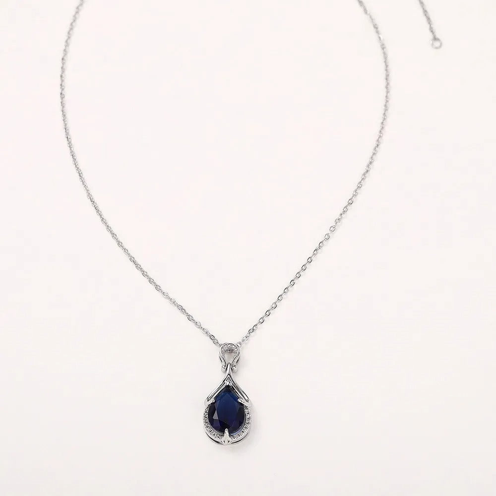 Blue Water Drop Cubic Zirconia Pendant Necklace Anniversary Party Elegant Lady's Neck Accessories Women Trendy Jewelry