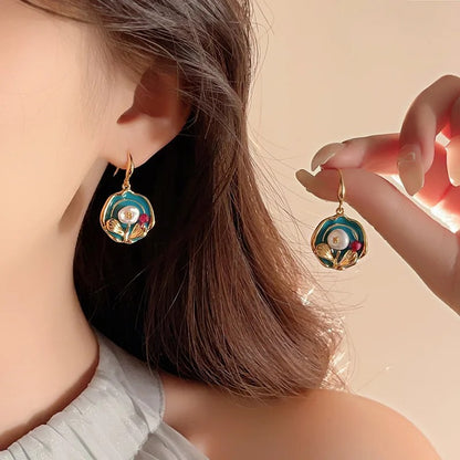 Women’s Vintage Oil Painting Flower Earrings Pearl Drop Jewelry