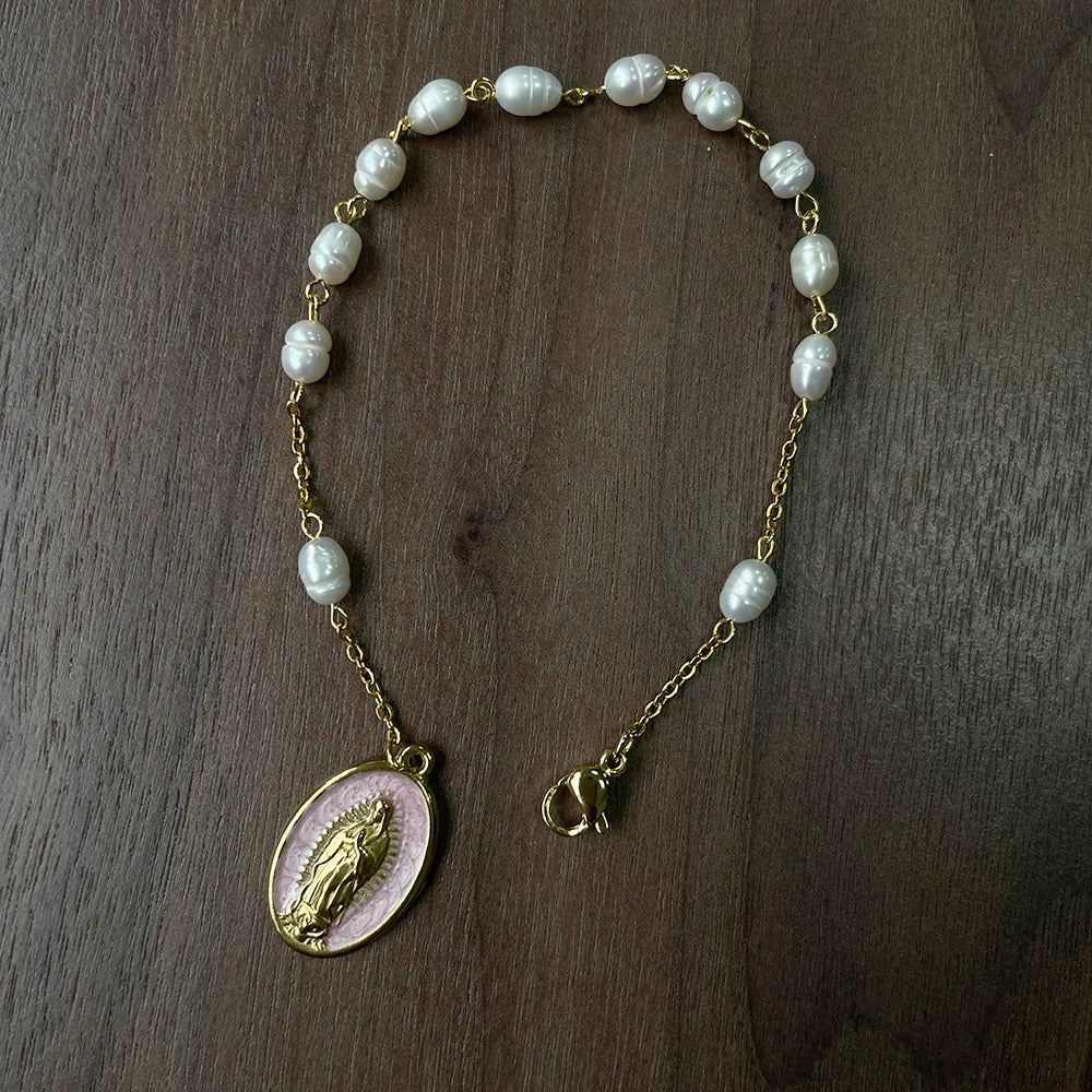 Natural Pearl Beads Rosary Bracelet with Virgin Mary Charm