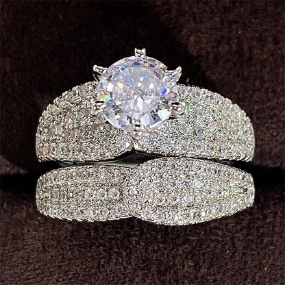 Huitan Bridal Sets Rings with Sparkling Cubic Zircon Luxury Trendy Wedding Engagement 2Pcs Rings for Women Eternity Love Jewelry