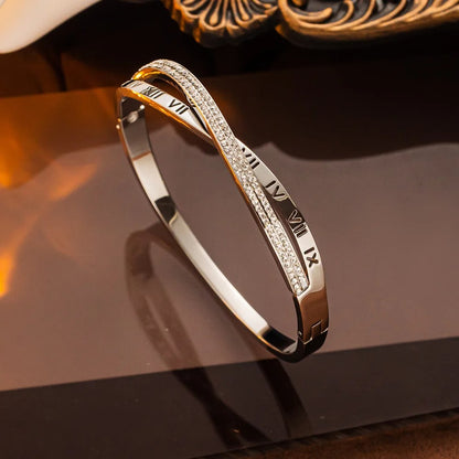 Stainless Steel Cross Bracelet Roman Numeral & Rhinestone Design