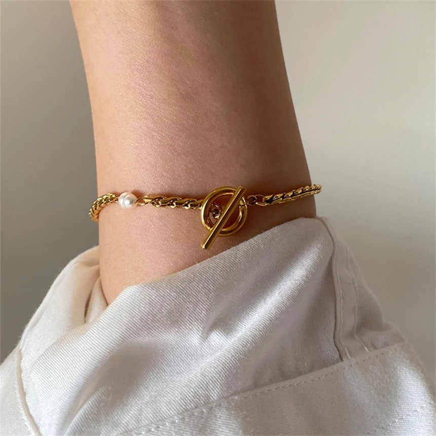 316L Stainless Steel Vintage Irregular Pearl OT Buckle Chain Bracelet