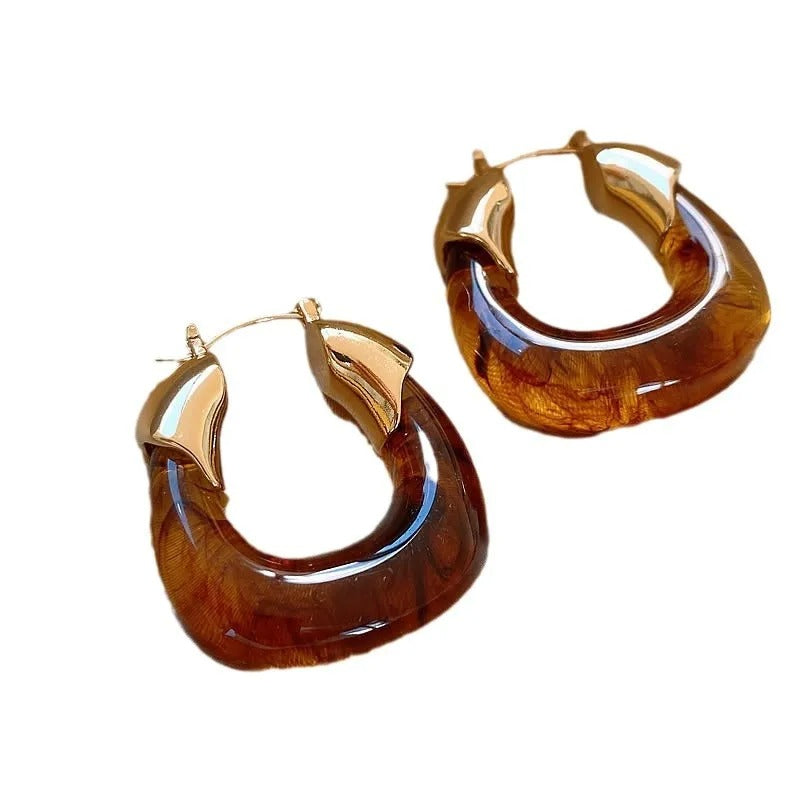 Retro Brown Resin U-Shaped Hoop Earrings for Women Simple Metal Jewelry Gift