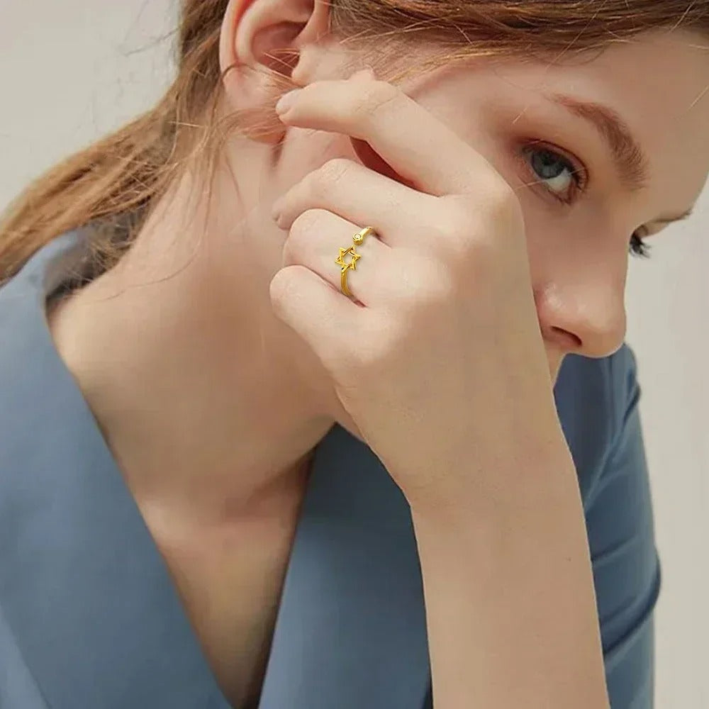 Hollow Hexagon Star of David Zircon Ring Adjustable Women