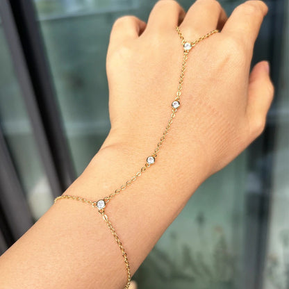 18K Gold Plated Stainless Steel Hand Chain Bracelet with Zircon Ring
