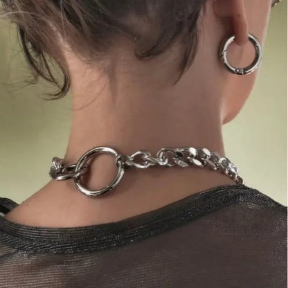 1 Pc Trendy Round Geometric Hollow Punk Personality Silver Color Heavy Chain Necklace Women Men Party Daily Gift Jewelry