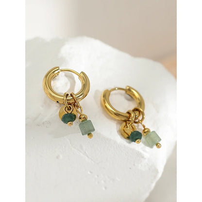 Women Gold Plated Stainless Steel Hoop Earrings Green Stone Charms