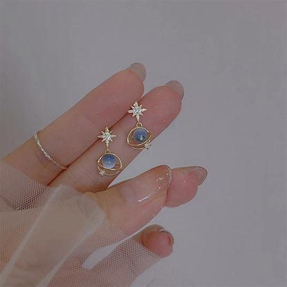Cosmic star and river earrings for women, unique blue opal niche planet earrings, versatile ear jewelry