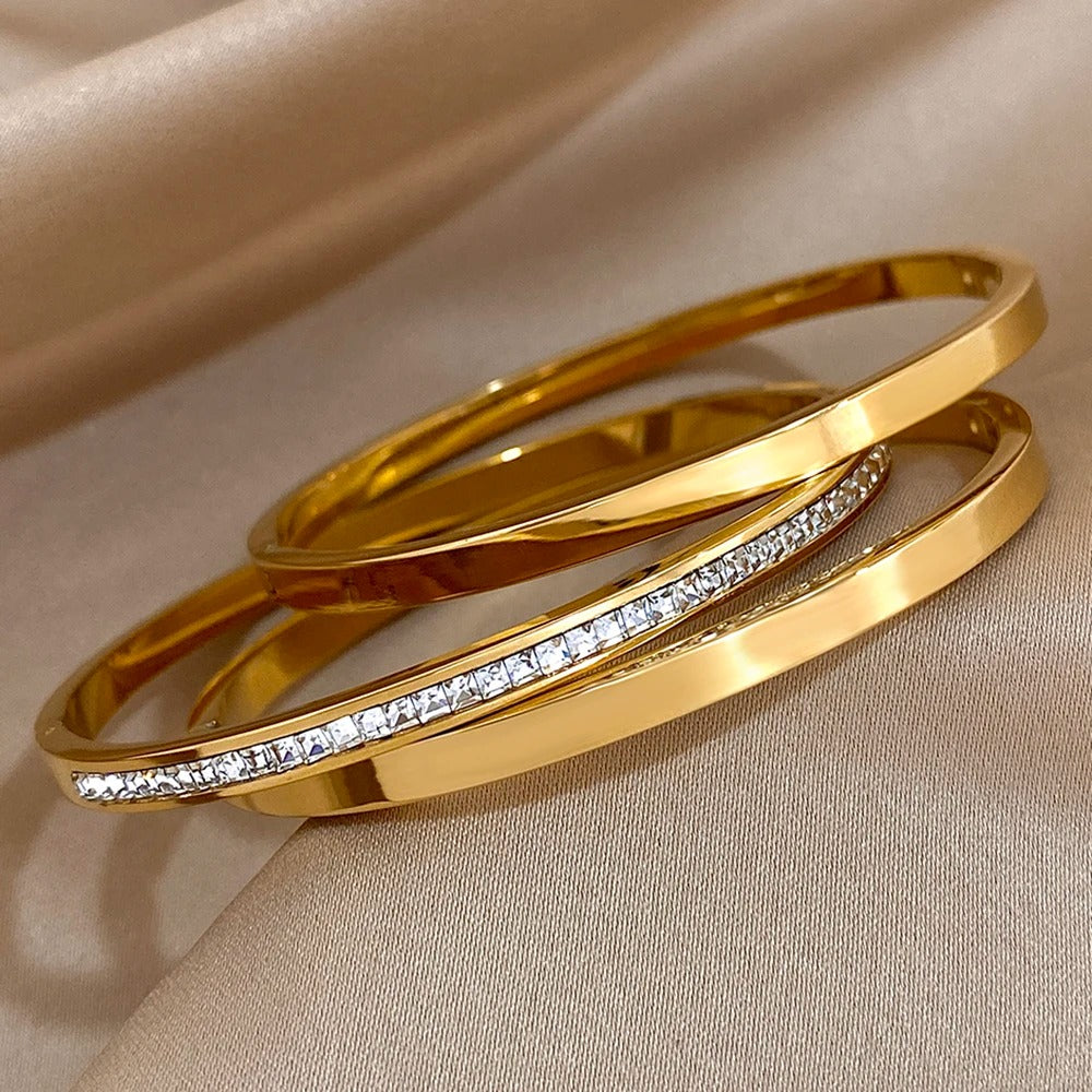 3PCS Gold Plated Crystal Cuff Bracelets for Women Stackable