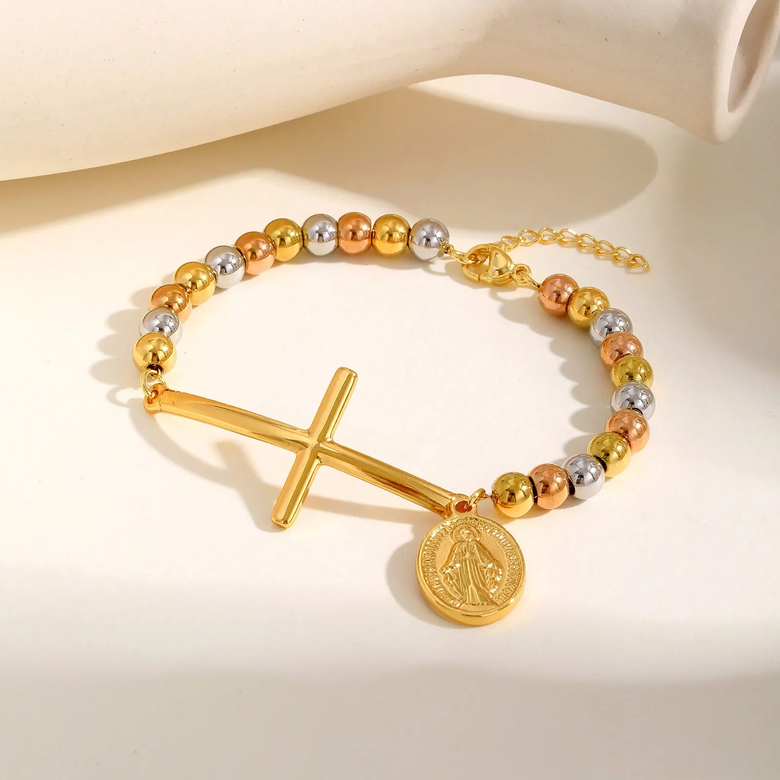Cross St. Benedict Oval Plate Bracelet for Women,Three-color Beaded Chain Bracelet,Stainless Steel Waterproof Jewelry Gift