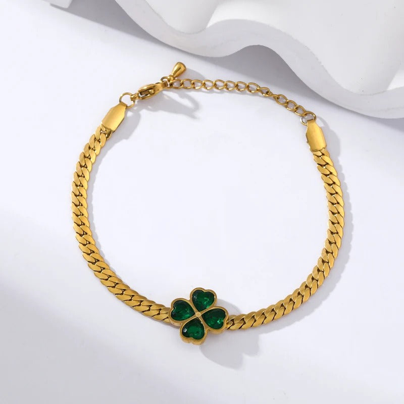 316L Stainless Steel Green Crystal Clover Bracelet Bangle For Women Fashion Wrist Chain Waterproof Jewelry Gift