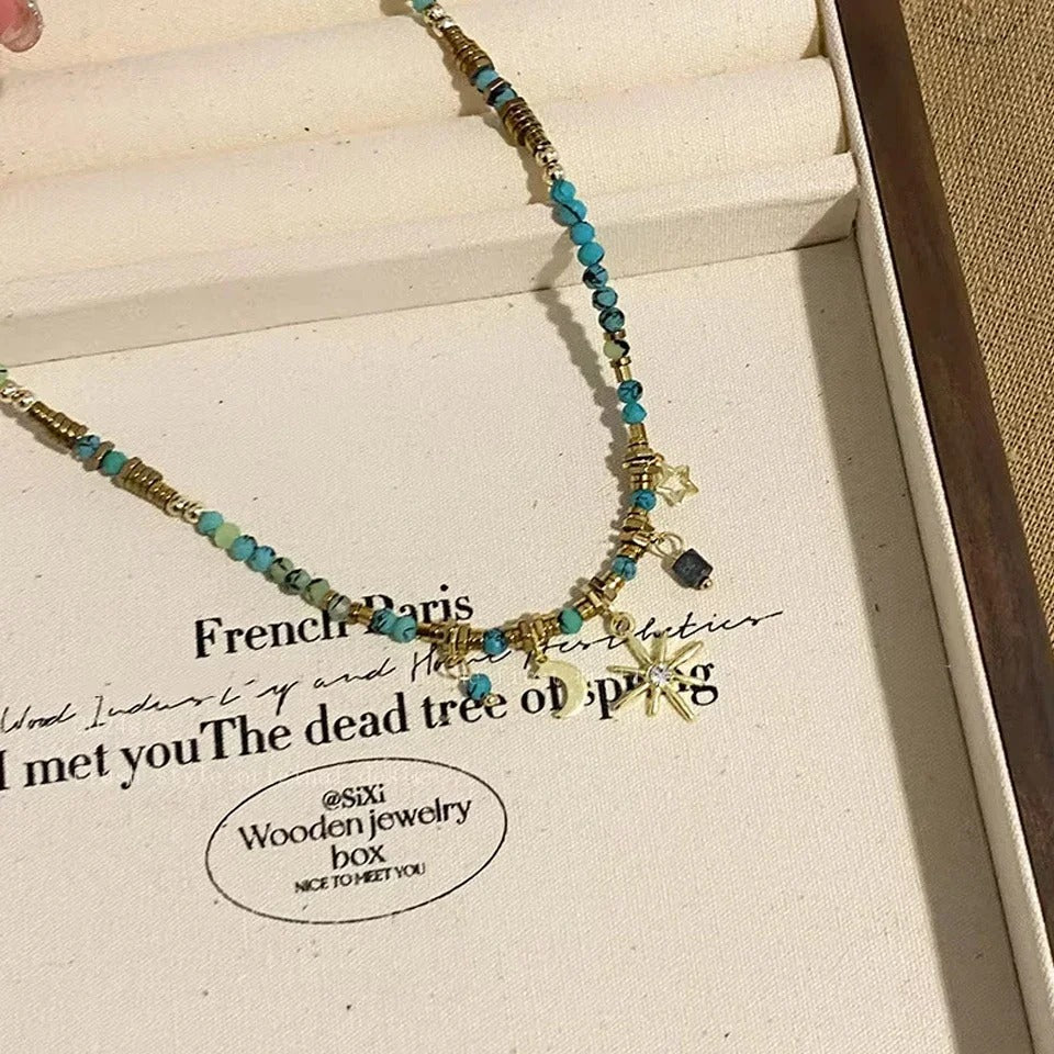 Vintage Simple Colored Bead Metal Chain Necklace for Women‘s Sun and Moon Light Luxury Beaded Sweater Chain Daily Jewelry Gift