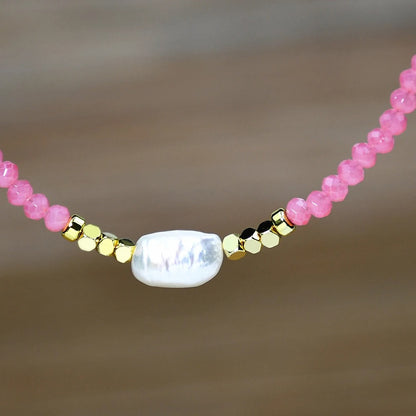 Boho Pink Crystal Beaded Freshwater Pearl Necklace for Women