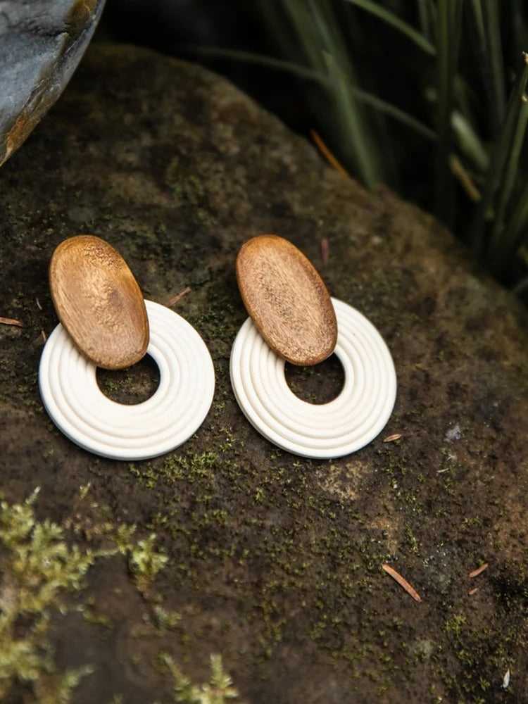 Unique Wooden Round Drop Earrings Handmade Women Jewelry