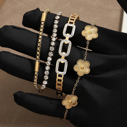 Women’s Gold Stacked Bangles Stainless Steel Five-Leaf Flower Set