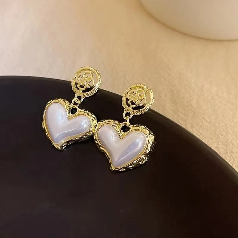 Flower Pearl Heart Drop Earrings 925 Silver Retro Jewelry Women