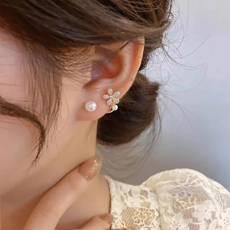 Light Luxury Imitation Pearl Flower Stud Earrings For Women Girl Fashion Crystal Elegant Jewelry Party Birthday Gifts