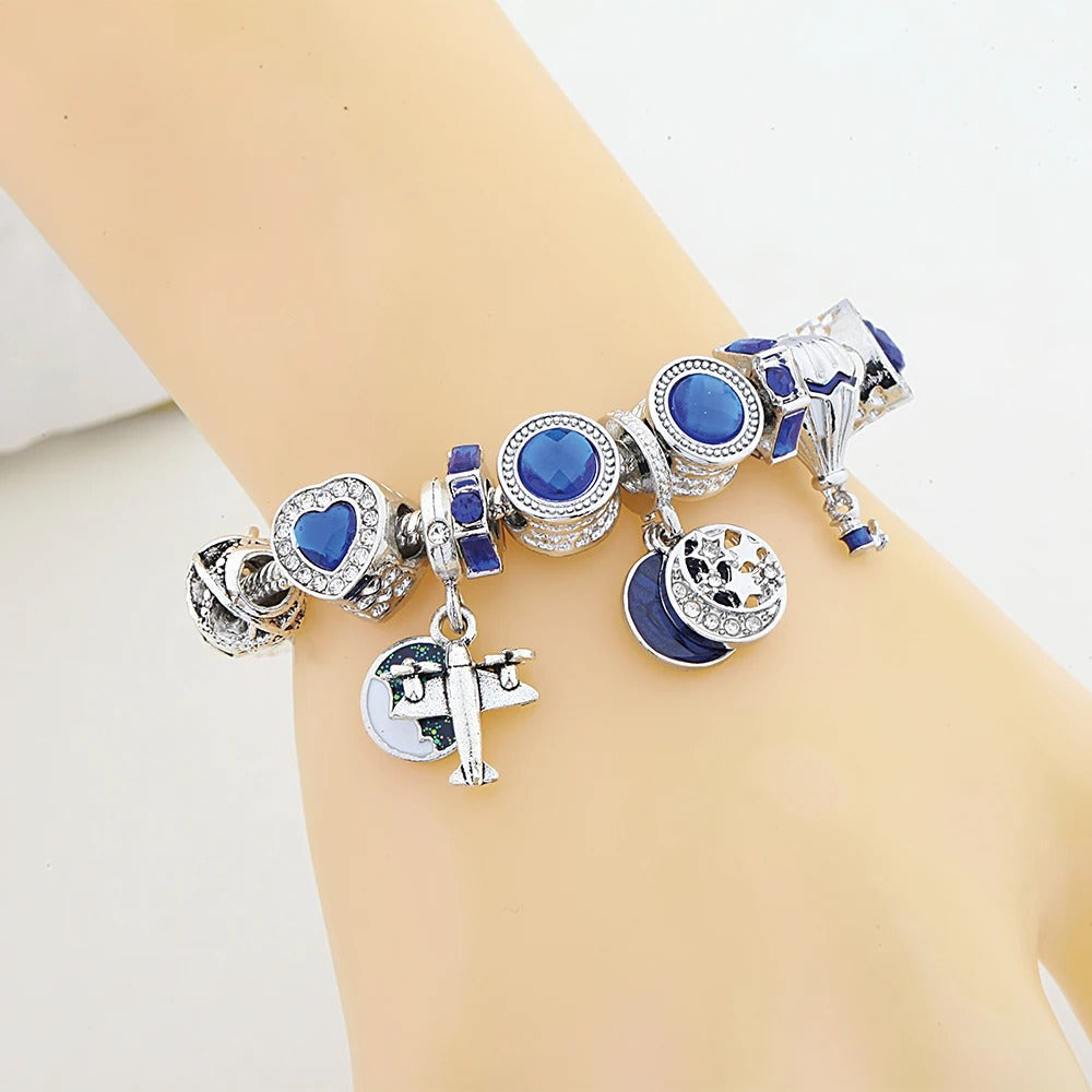 Dark Blue Crystal Star Bracelet Enamel Plane & Ball Pendant Jewelry