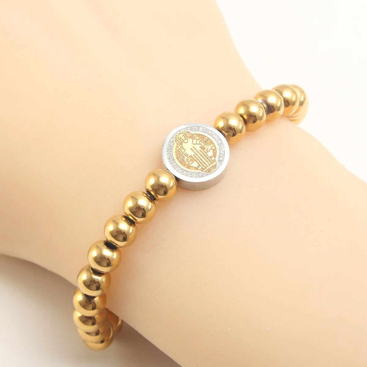 Stainless Steel St. Benito Bracelet Gold Cross 6mm Beads Women