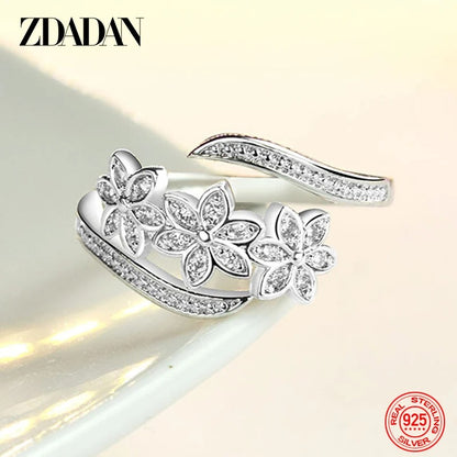 ZDADAN 925 Silver Adjustable CZ Flower Ring for Women