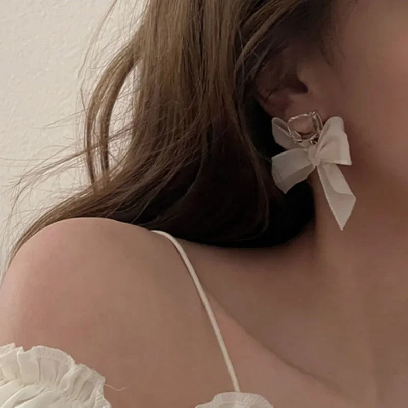 Black White Lace Bow Stud Earrings for Women