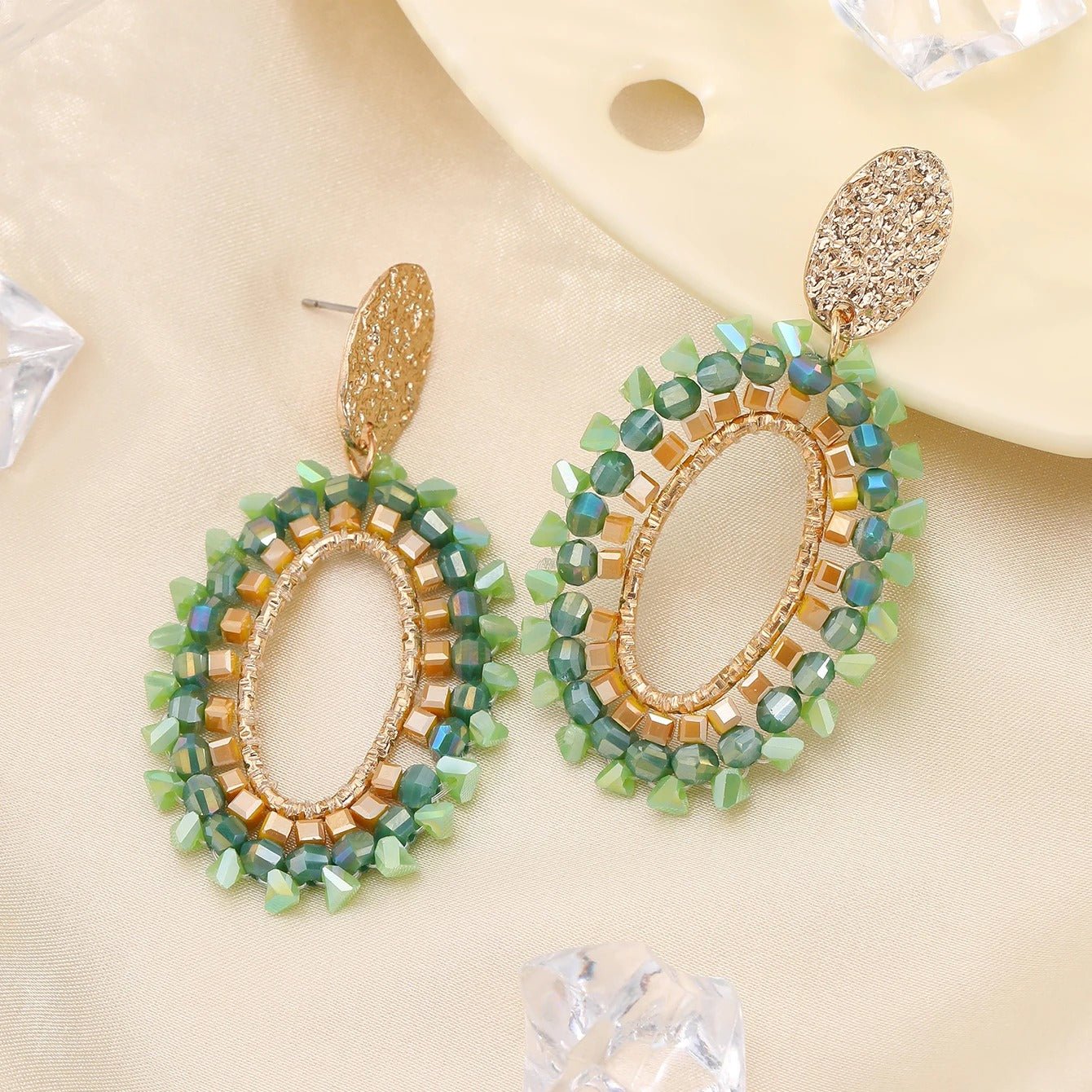 Handmade Oval Crystal Bead Drop Earrings for Women Gift