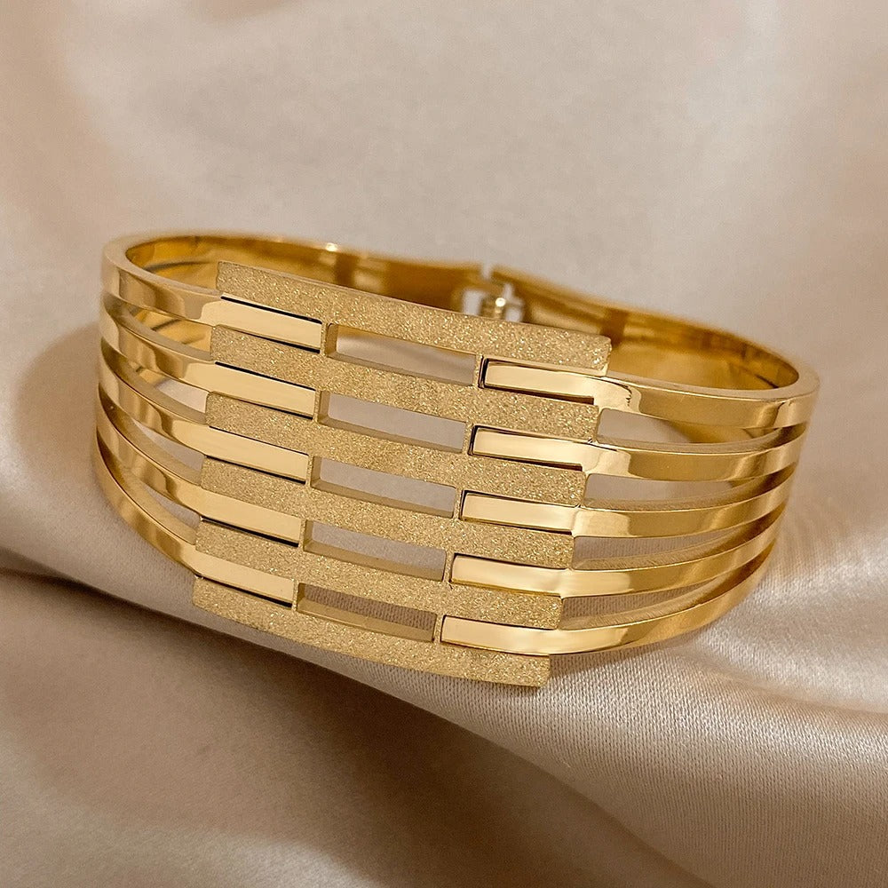 Stainless Steel Chunky Geometric Wide Bangles Bracelets for Women Gold Plated Metal Bracelet Waterproof Jewelry 2025