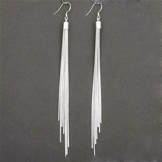 Elegant Jewelry Fashion Women Noble Tassels Silver Plated Long White Hook Dangle Chain Earrings