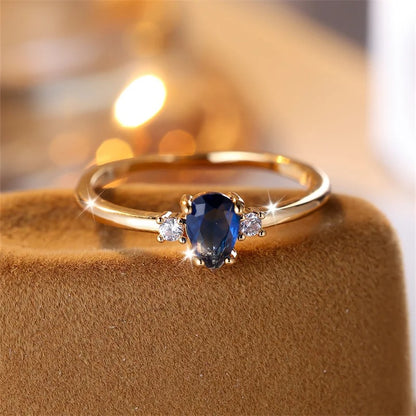Royal Blue Pear Cut Zircon Ring for Women Gold Minimalist Stacking CZ