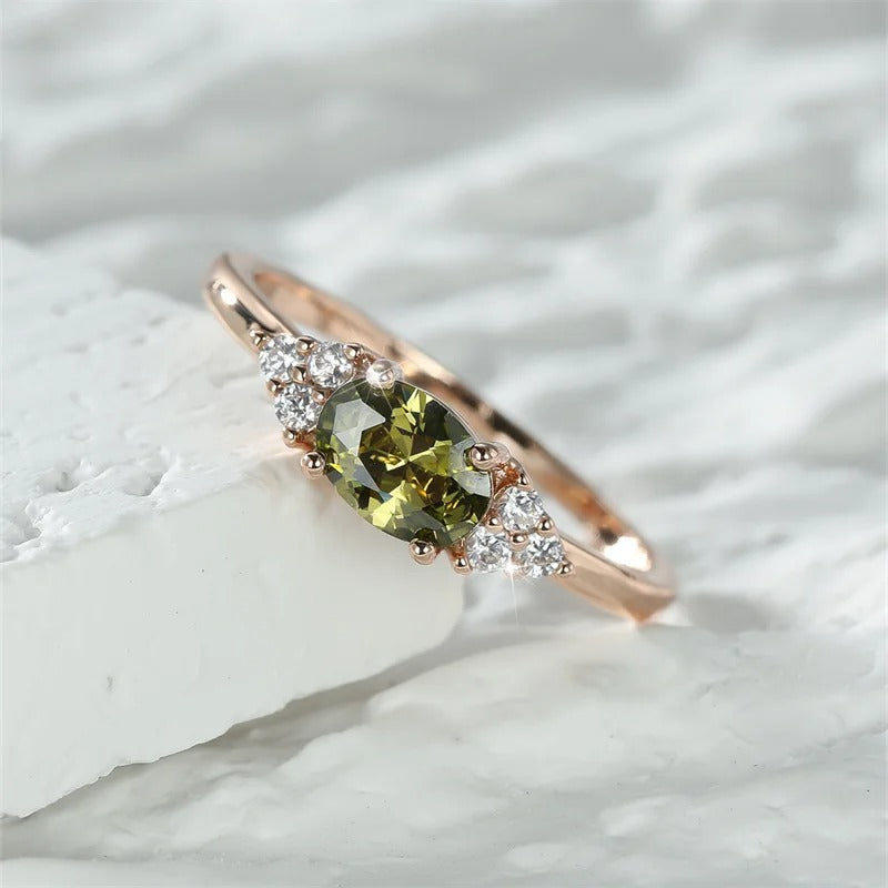 Olive Green Oval Zircon Ring for Women Rose Gold Minimalist Band