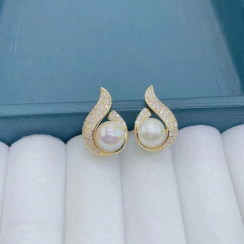 Crystal Flame Pearl Stud Earrings for Women Gold Korean Style Jewelry
